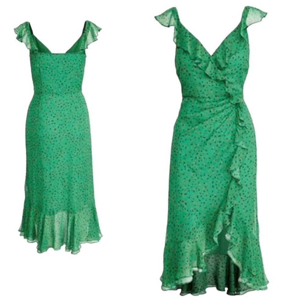 VERONICA Beard Holiday Green Dress ruffle flowy crepe silk chiffon wrap midi New